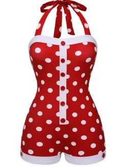 Hot Retro Stage 1950s Polka Dot Patchwork Halter Swimsuit Red