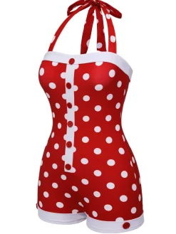 Hot Retro Stage 1950s Polka Dot Patchwork Halter Swimsuit Red