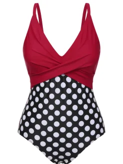 Clearance Retro Stage 1960s Polka Dot Patchwork Swimsuit Red