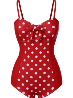 Clearance Retro Stage 1950s Polka Dot Patchwork Strap Swimsuit Red