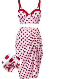 Online Retro Stage 1950s Polka Dot Pleated Swimsuit Red