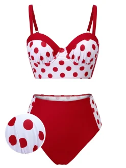 Online Retro Stage 1950s Polka Dot Pleated Swimsuit Red
