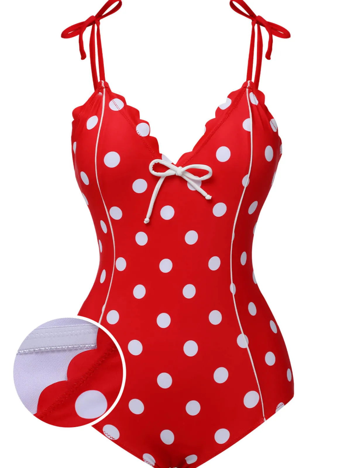 Fashion Retro Stage 1950s Polka Dot Shoulder Tie Swimsuit Red