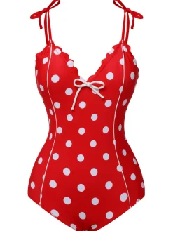 Fashion Retro Stage 1950s Polka Dot Shoulder Tie Swimsuit Red