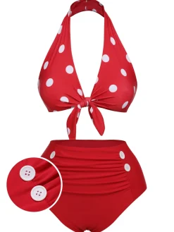 Hot Retro Stage 1950s Polka Dot Tie Halter Swimsuit Red