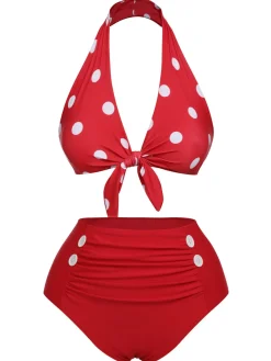 Hot Retro Stage 1950s Polka Dot Tie Halter Swimsuit Red
