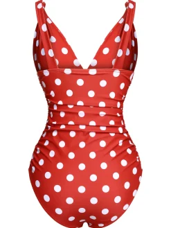 Online Retro Stage 1930s Polka Dot V-Neck Swimsuit Red