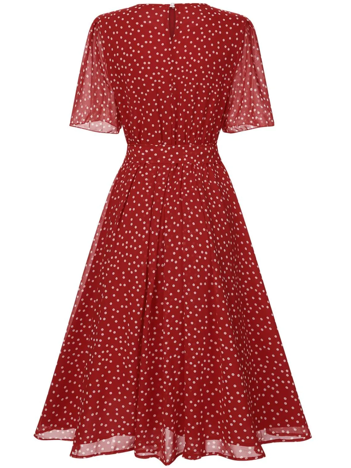 New Retro Stage 1940s Polka Dots Chiffon Belted Dress Red