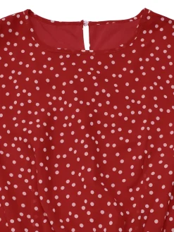 New Retro Stage 1940s Polka Dots Chiffon Belted Dress Red