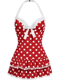 Best Retro Stage 1940s Polka Dots Halter One-Piece Swimsuit Red