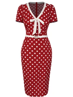 Sale Retro Stage 1960s Polka Dots Tie Neck Dress Red