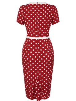 Sale Retro Stage 1960s Polka Dots Tie Neck Dress Red