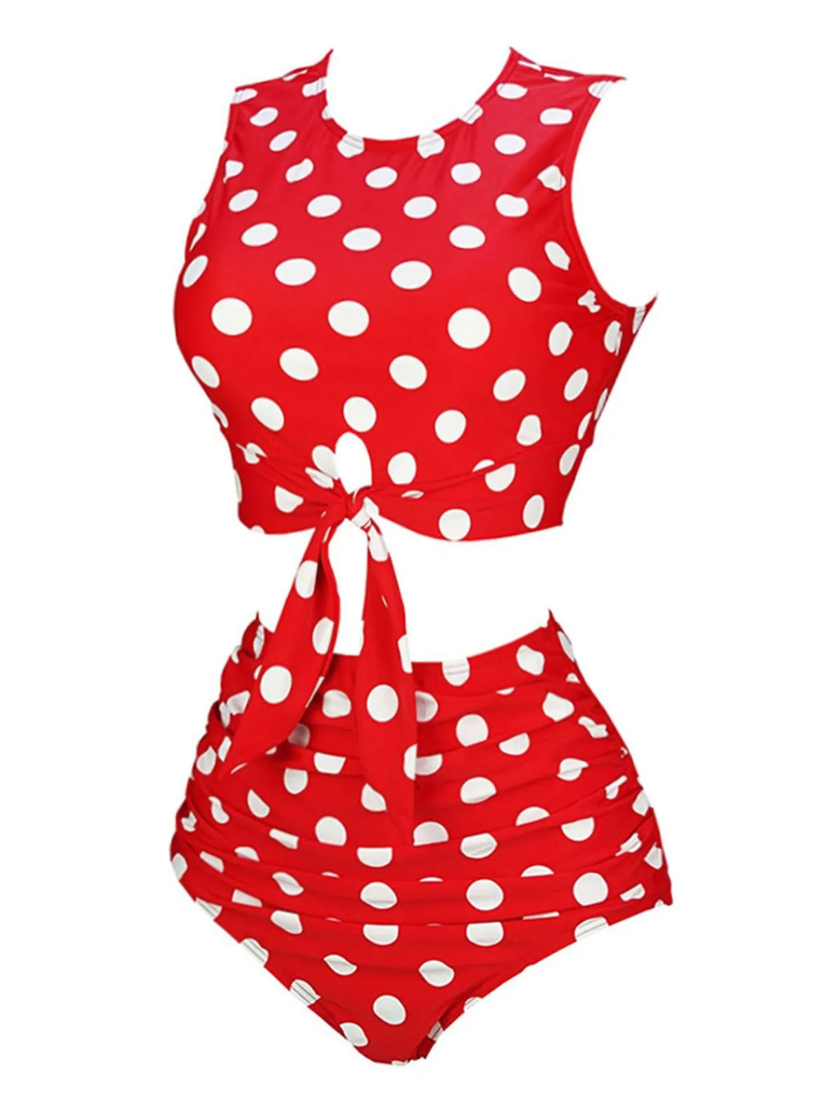 Best Retro Stage 1970s Polka Dots Waist Tie Swimsuit Red