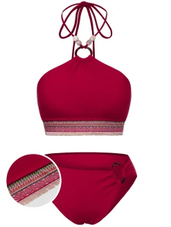 Fashion Retro Stage Red 1970s Princess Style Beading Halter Bikini Set Deep Red