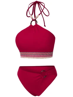 Fashion Retro Stage Red 1970s Princess Style Beading Halter Bikini Set Deep Red