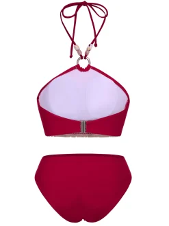 Fashion Retro Stage Red 1970s Princess Style Beading Halter Bikini Set Deep Red