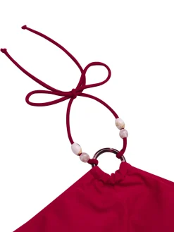Fashion Retro Stage Red 1970s Princess Style Beading Halter Bikini Set Deep Red