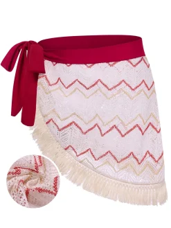 Clearance Retro Stage Red 1970s Princess Style Fringe Patchwork Cover-Up Deep Red