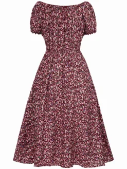 Outlet Retro Stage 1940s Puff Sleeves Ditsy Floral Dress Red