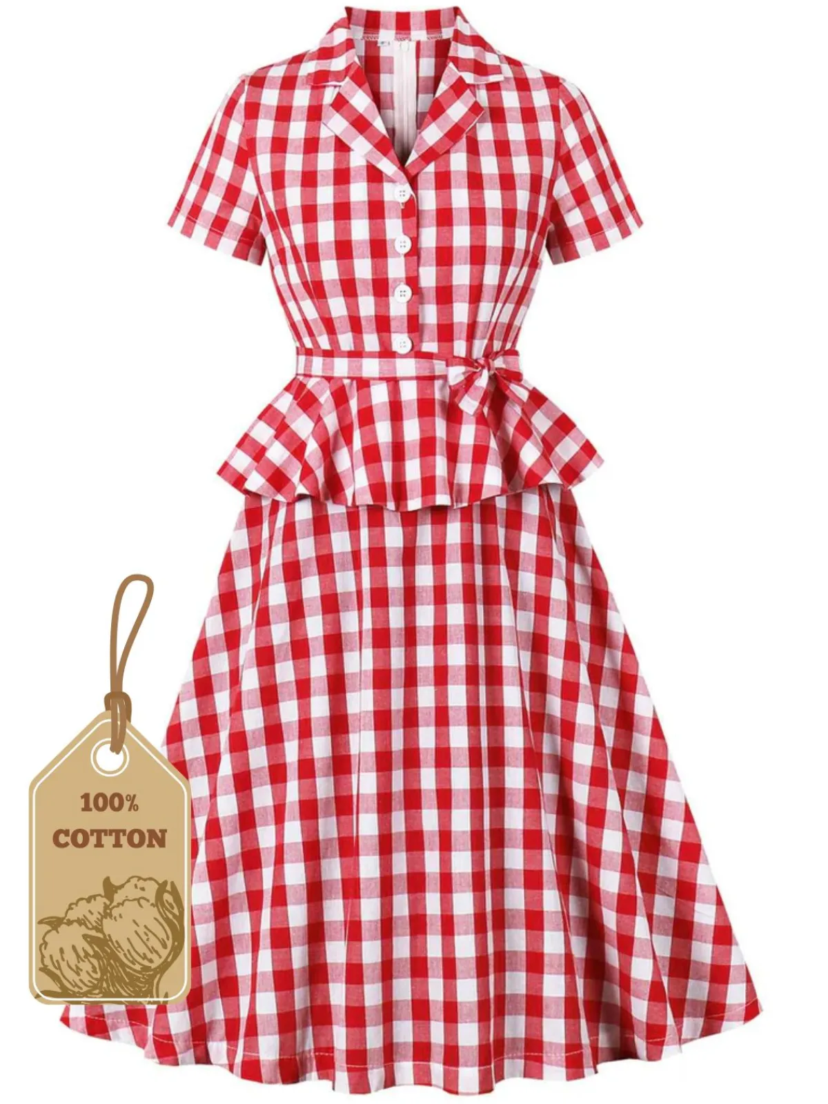 Fashion Retro Stage 1950s Pure Cotton Gingham Plaids Belted Dress Red