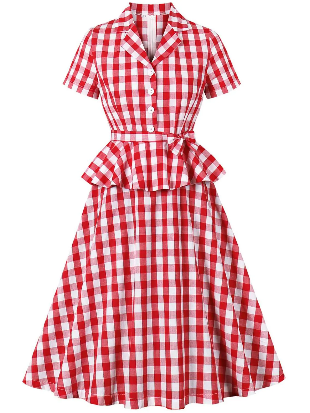 Fashion Retro Stage 1950s Pure Cotton Gingham Plaids Belted Dress Red