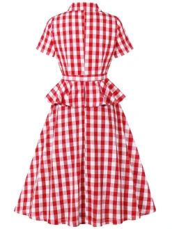 Fashion Retro Stage 1950s Pure Cotton Gingham Plaids Belted Dress Red