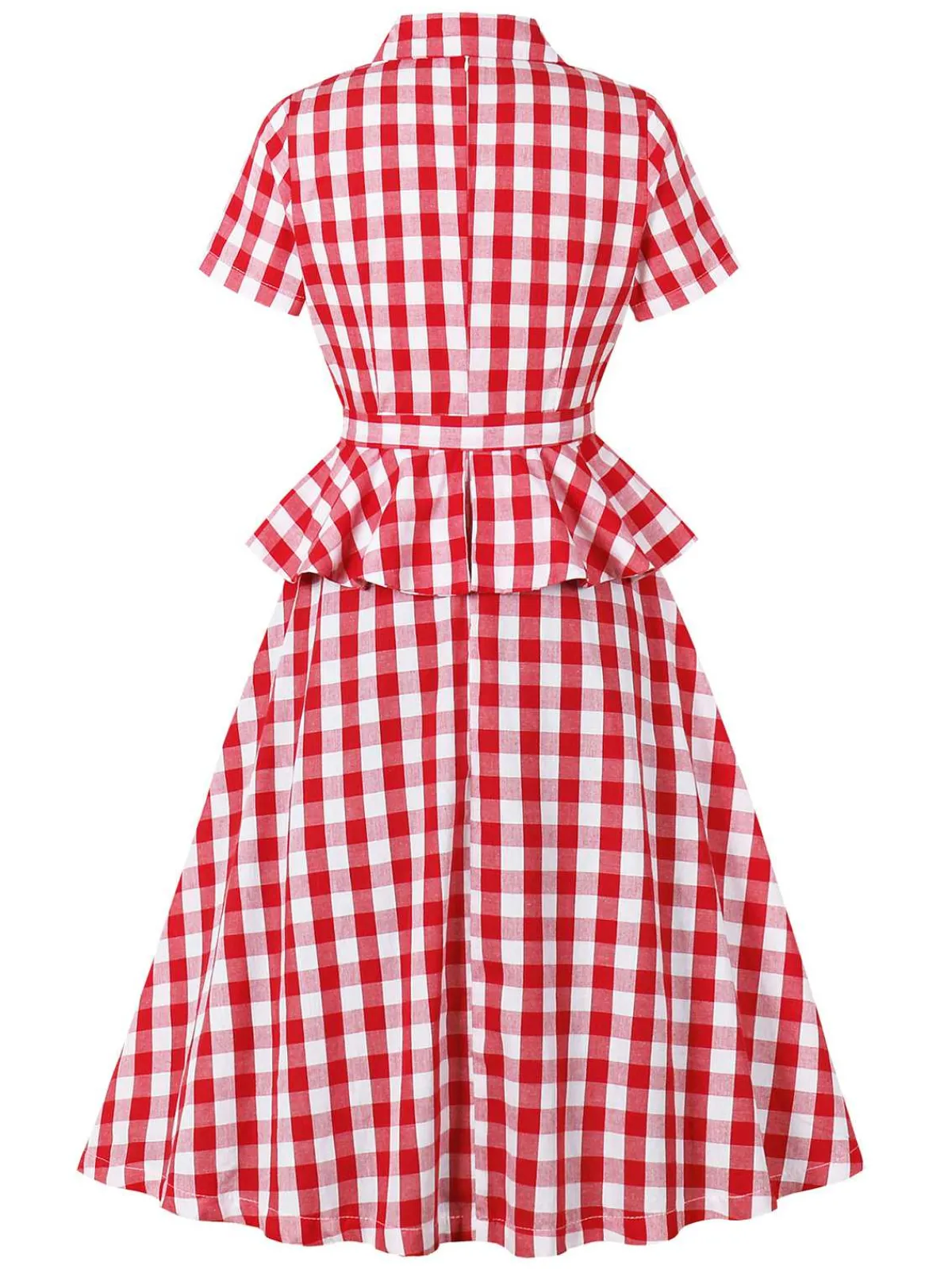 Fashion Retro Stage 1950s Pure Cotton Gingham Plaids Belted Dress Red