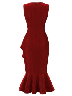 Hot Retro Stage Red 1930s Reflective Corduroy Fishtail Dress Deep Red
