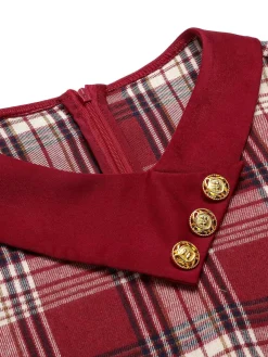 Best Retro Stage 1950s Roll Up Scottish Plaid Dress Red