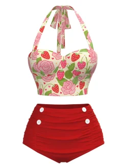 Hot Retro Stage Red 1950s Rose & Strawberry Halter Swimsuit Deep Red