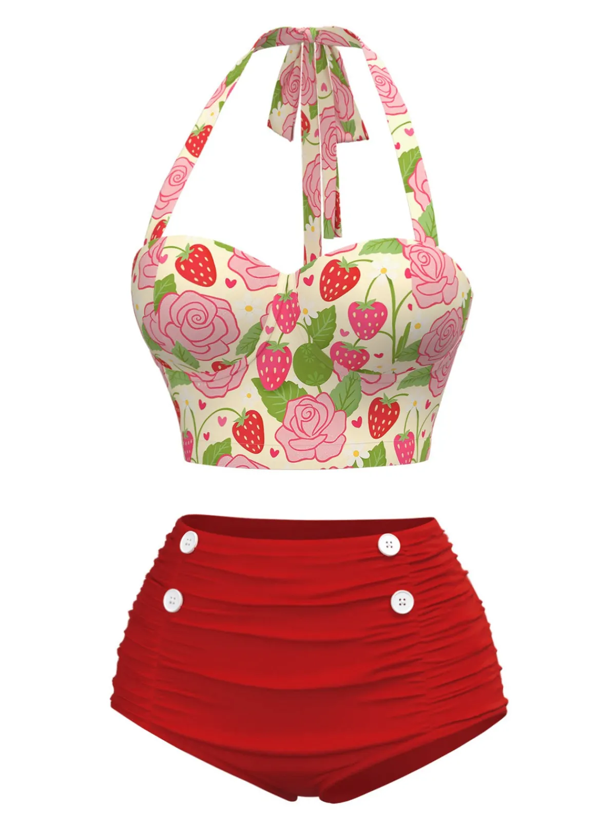 Hot Retro Stage Red 1950s Rose & Strawberry Halter Swimsuit Deep Red