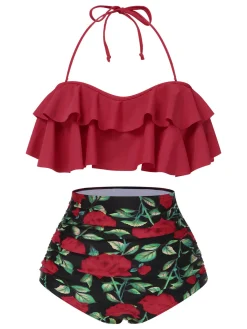 Online Retro Stage 1930s Rose Ruffle Halter Swimsuit Red