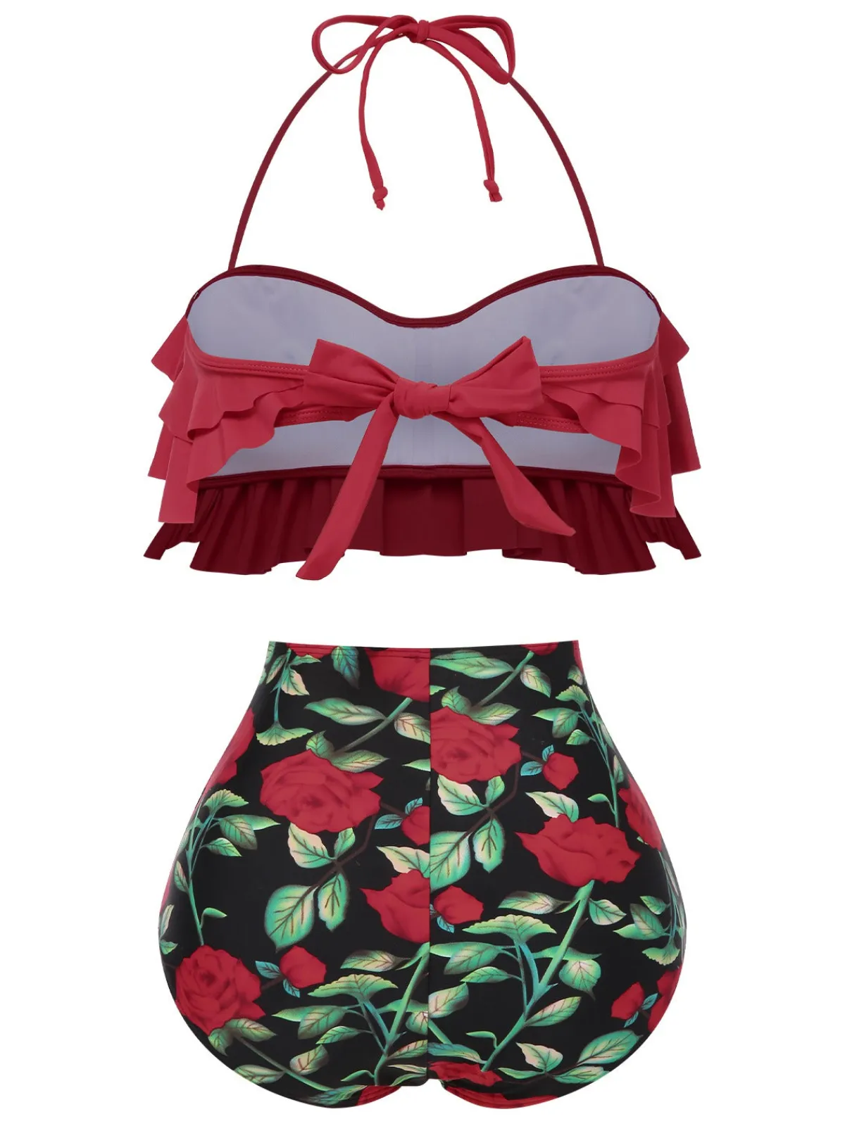 Online Retro Stage 1930s Rose Ruffle Halter Swimsuit Red