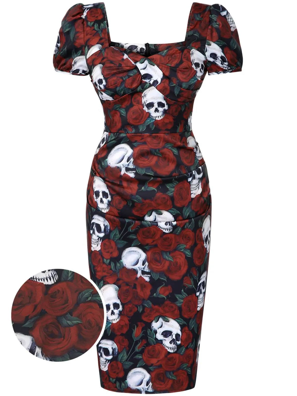 Clearance Retro Stage 1960s Rose Skull Sqaure Neck Pencil Dress Red