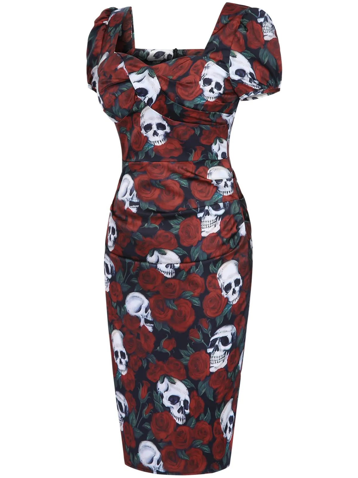 Clearance Retro Stage 1960s Rose Skull Sqaure Neck Pencil Dress Red