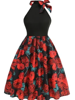 Online Retro Stage Red 1950s Rose Sleeveless Patchwork Dress Black