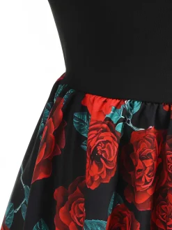 Online Retro Stage Red 1950s Rose Sleeveless Patchwork Dress Black