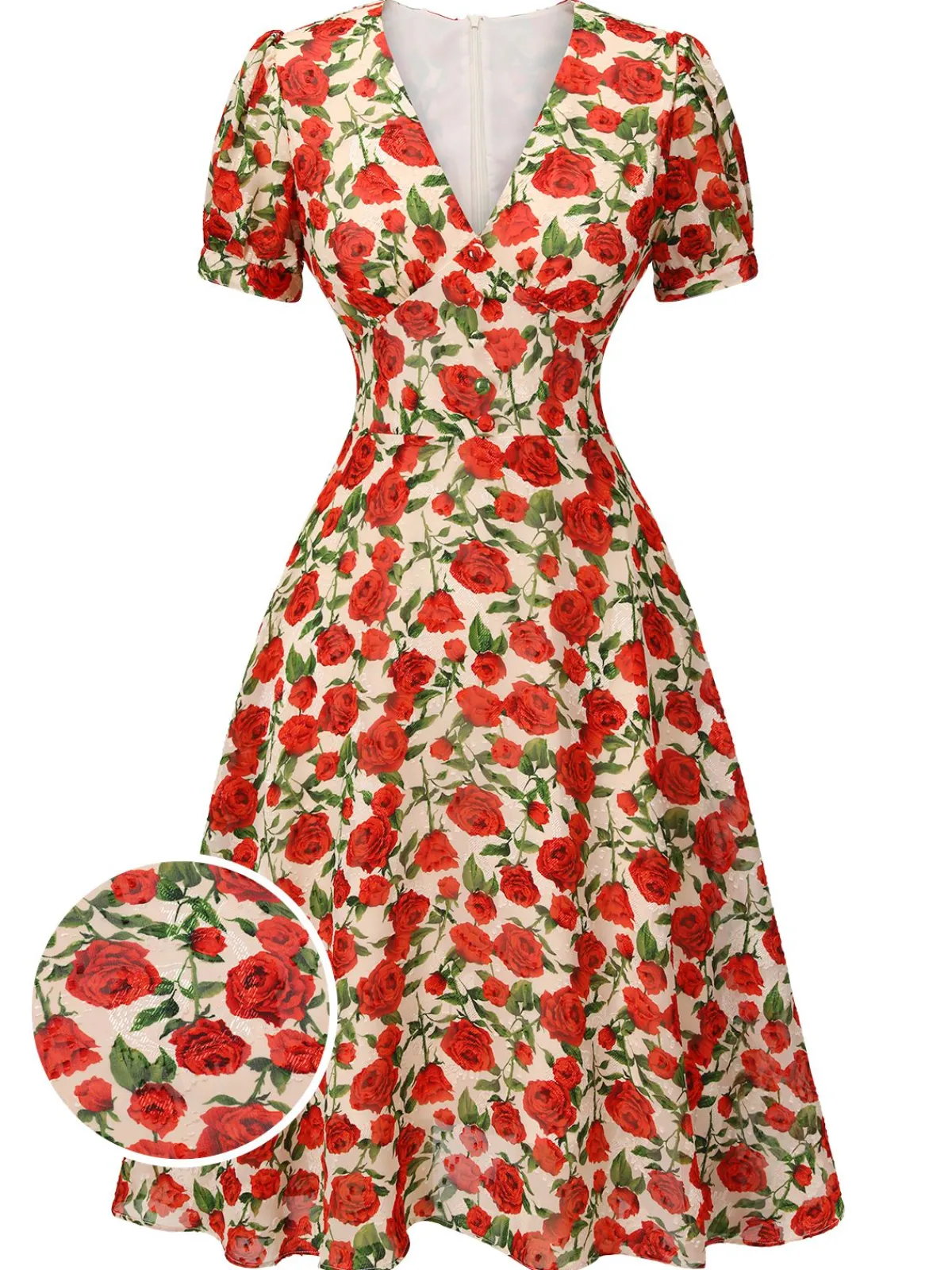 Fashion Retro Stage 1940s Rose V-Neck Swing Dress Red