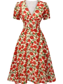 Fashion Retro Stage 1940s Rose V-Neck Swing Dress Red