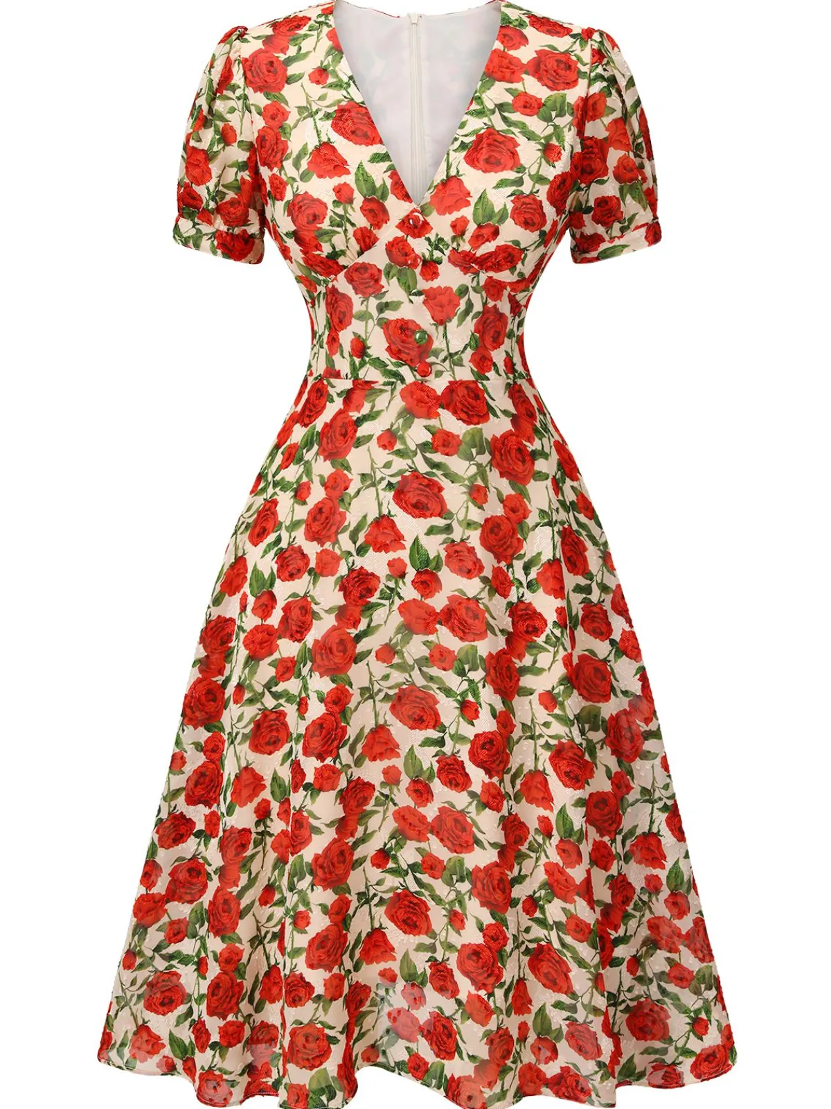 Fashion Retro Stage 1940s Rose V-Neck Swing Dress Red