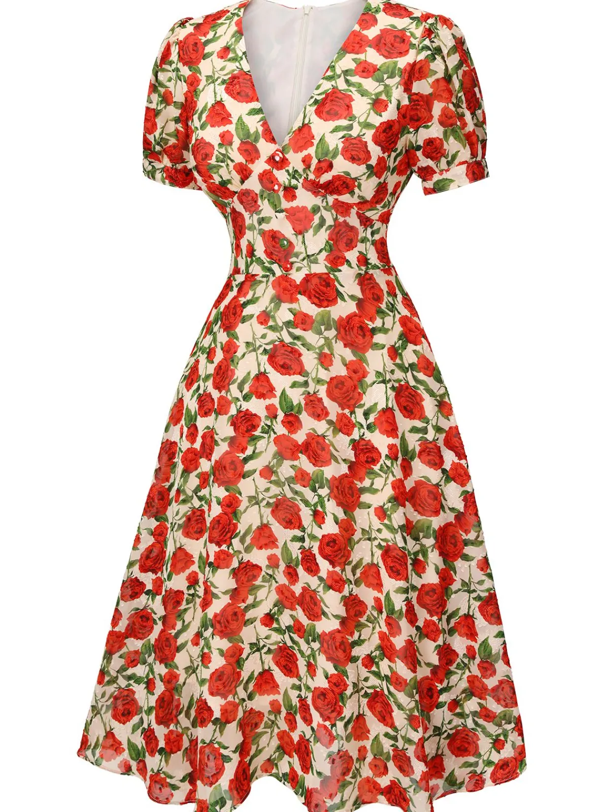 Fashion Retro Stage 1940s Rose V-Neck Swing Dress Red