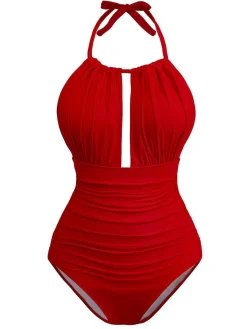 Outlet Retro Stage 1930s Ruched Halter Hollow One-Piece Swimsuit Red