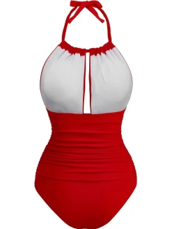 Outlet Retro Stage 1930s Ruched Halter Hollow One-Piece Swimsuit Red