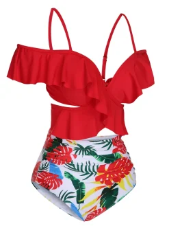 Best Retro Stage 1960s Ruffle Sleeves Tropical Plant Swimsuit Red