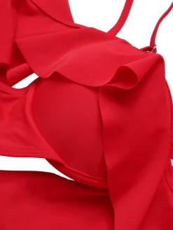 Best Retro Stage 1960s Ruffle Sleeves Tropical Plant Swimsuit Red
