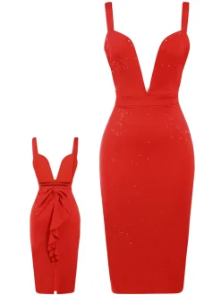 Clearance Retro Stage 1960s Ruffled Open Back Suspender Dress Red