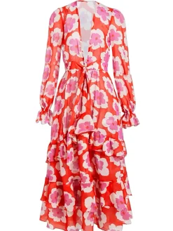 Online Retro Stage Red 1970s Ruffles Floral Cover-Up Dress