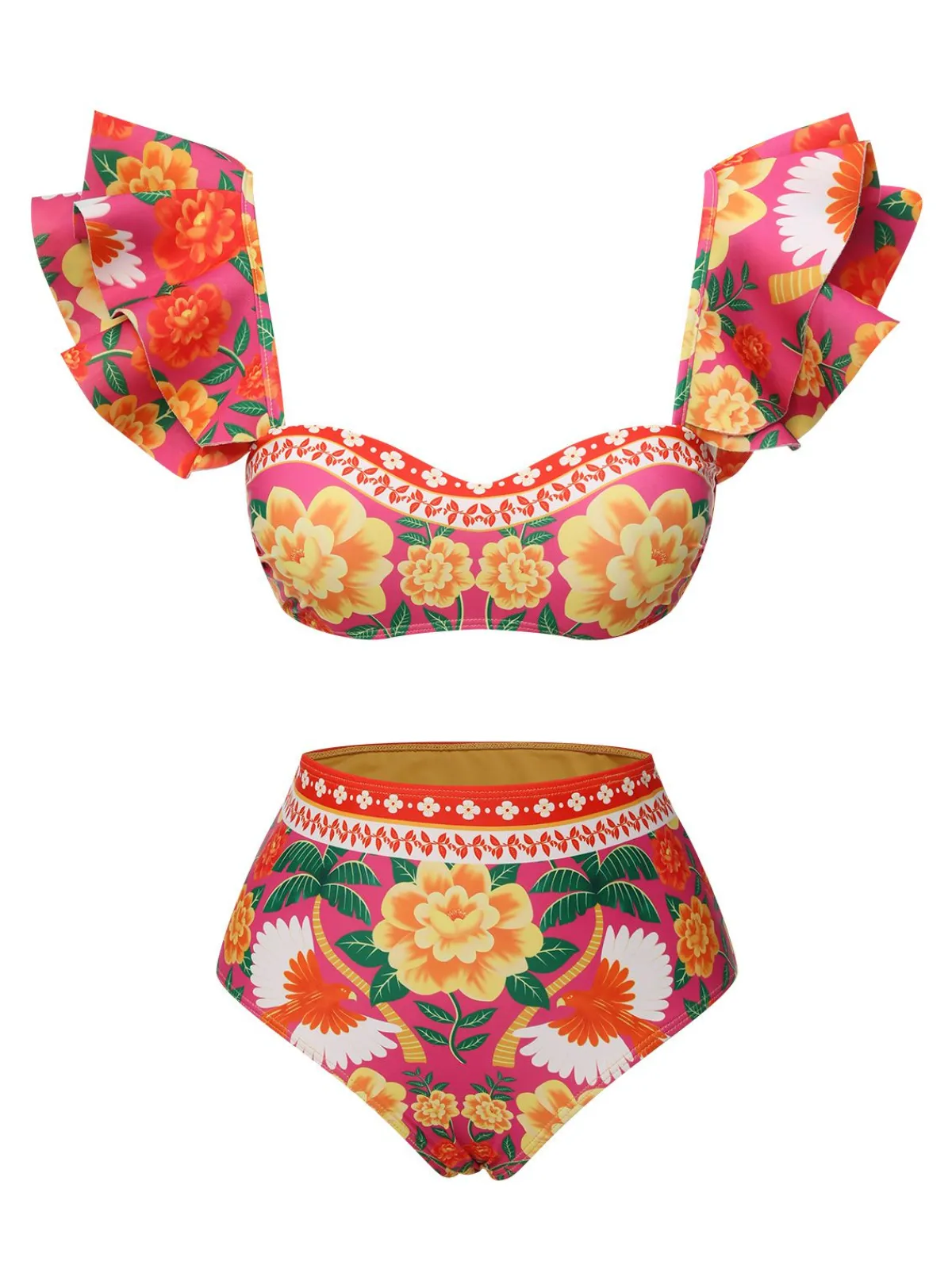 New Retro Stage 1960s Ruffles Sleeves Flowers Swimsuit Red