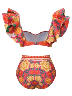 New Retro Stage 1960s Ruffles Sleeves Flowers Swimsuit Red