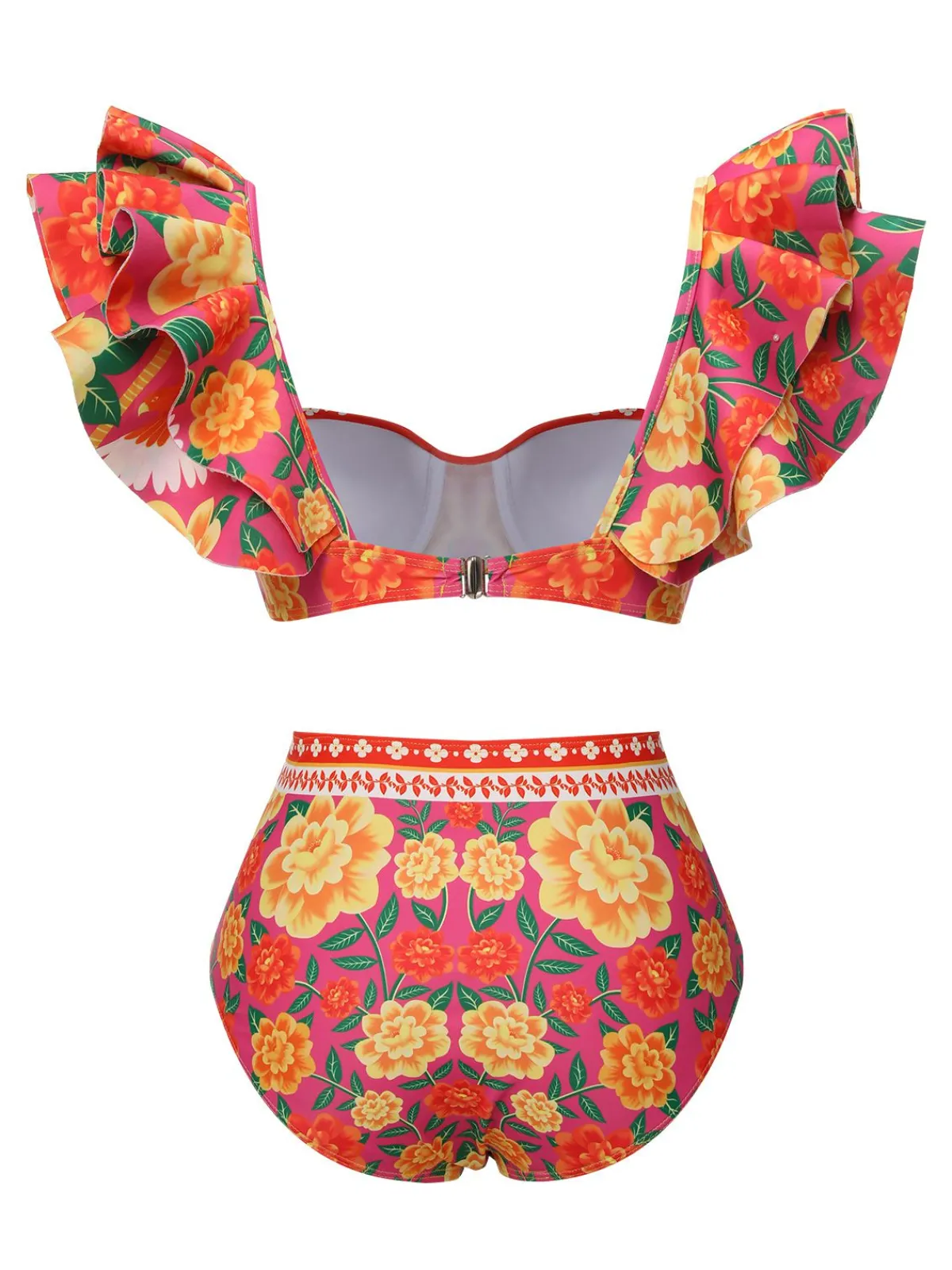 New Retro Stage 1960s Ruffles Sleeves Flowers Swimsuit Red